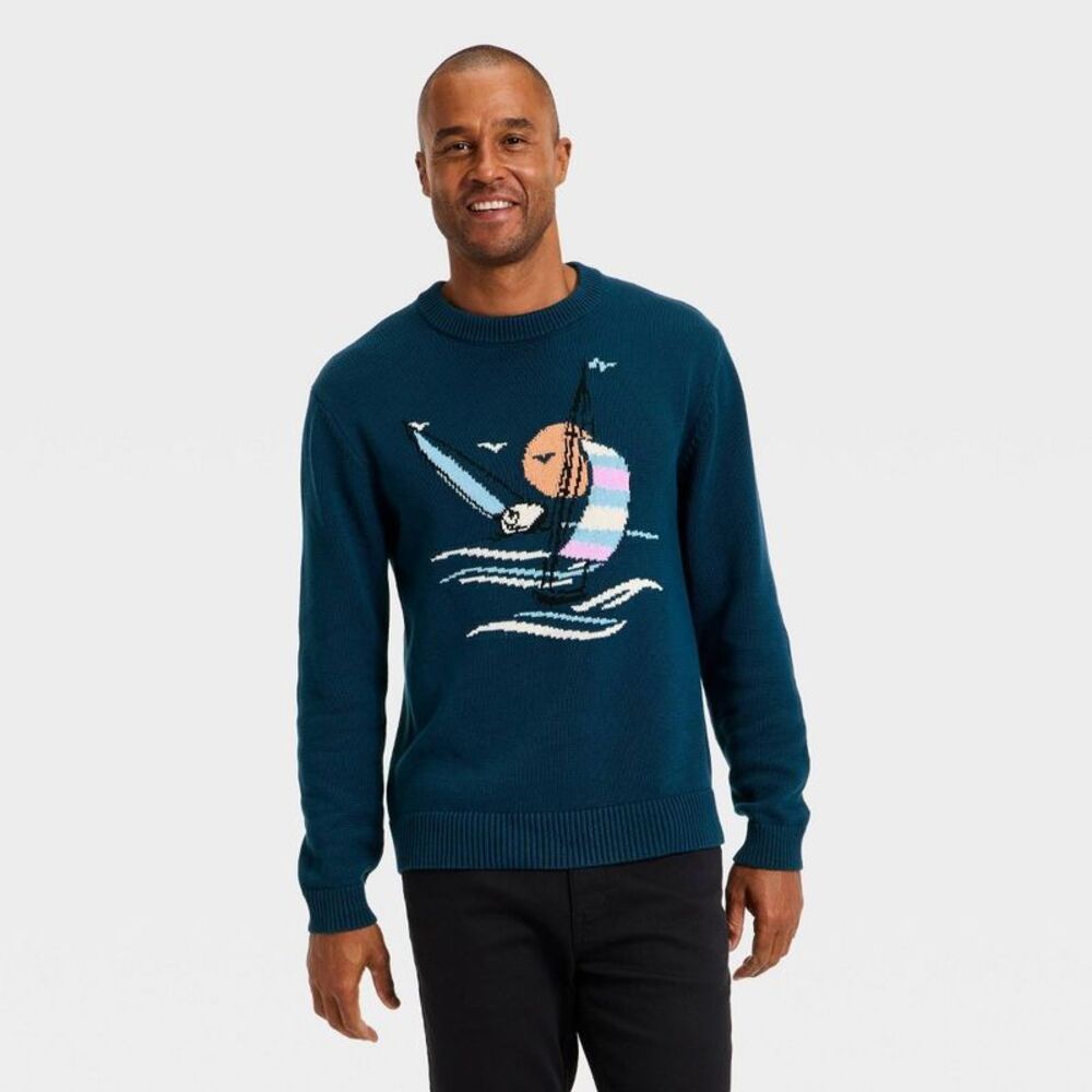 Men's Textured Crewneck Sweater - Goodfellow & Co Navy Blue XL